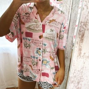 Vintage Tropical Pink Vacation Hawaiian Button Up Butterfly Top
